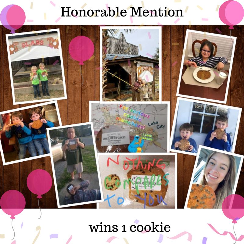 Slabs Lake City Chocolate Chip Cookie Contest Honorable mention winners 9 photos showing winners with large chocolate chip cookies. #hugechocolatechipcookies #slabsChocolateChipCookies