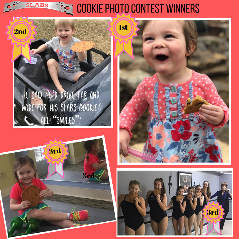 Slabs Lake City Chocolate Chip Cookie Contest first, second and third place winners 4 photos showing winners with large chocolate chip cookies. #SlabsCookieContest #BestChocolateChipCookies #hugechocolatechipcookies #bestchocolatechipcookie