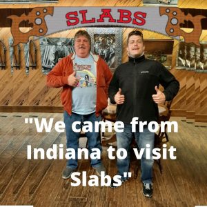 We came from Indiana to visit Slabs South Carolina Bbq trail barbecue best smoked beef brisket anywhere yummy good two thumbs up