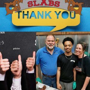 Slabs barbecue restaurant South Carolina bbq trail. Photo of Brian and Barbara Fenters with Trey Milligan. Pitmaster in training.
