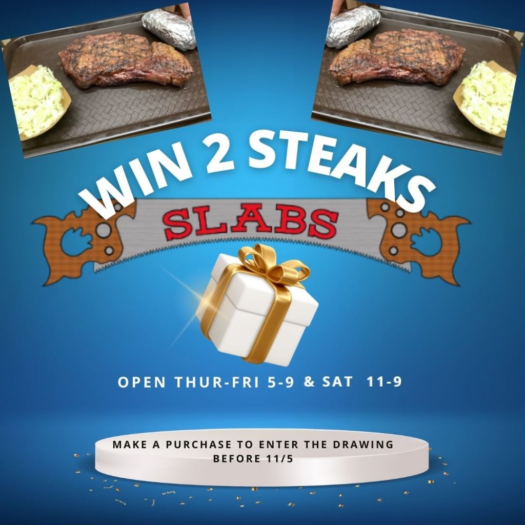 contest enter to win steaks for two dinner for two best restaurant anywhere 5 star brisket ribs rib-eye slabs lake city south carolina SC Slabs Restaurant